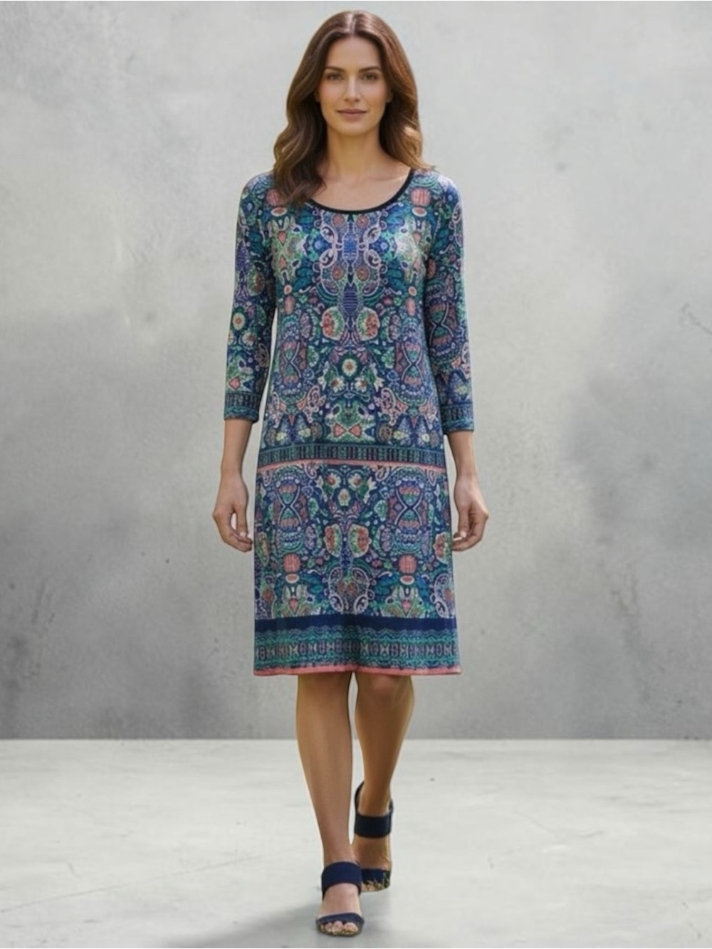 Laundry By Shelli Segal Navy Blue and Multicolour Print Sheath  size Large